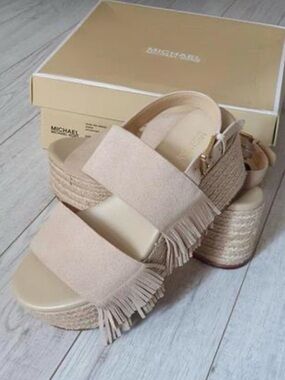 Michael Kors Nude Suede Fringe Espadrille Platform Sandals